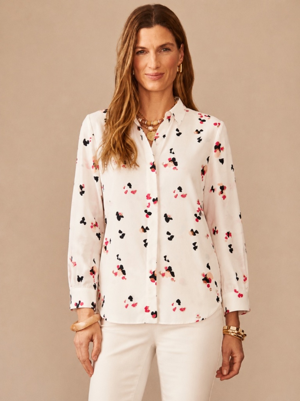 Modern Feminine Floral Blouse Relaxed Button Front Cream Pink‎ Black